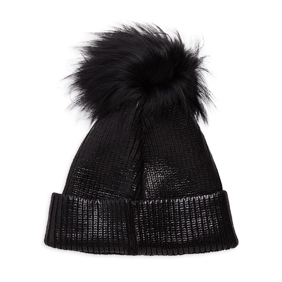 Adrienne Landau Accessories - Adrienne Landau Black Fox Fur Pom-Pom Metallic Beanie Hat